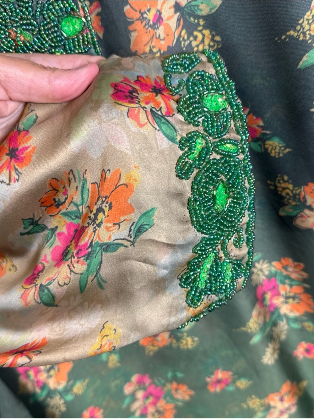 Floral Beaded Kaftan Green Orange Pink Long Sleeve Flowy L Semi Sheer Glam - Picture 7 of 8